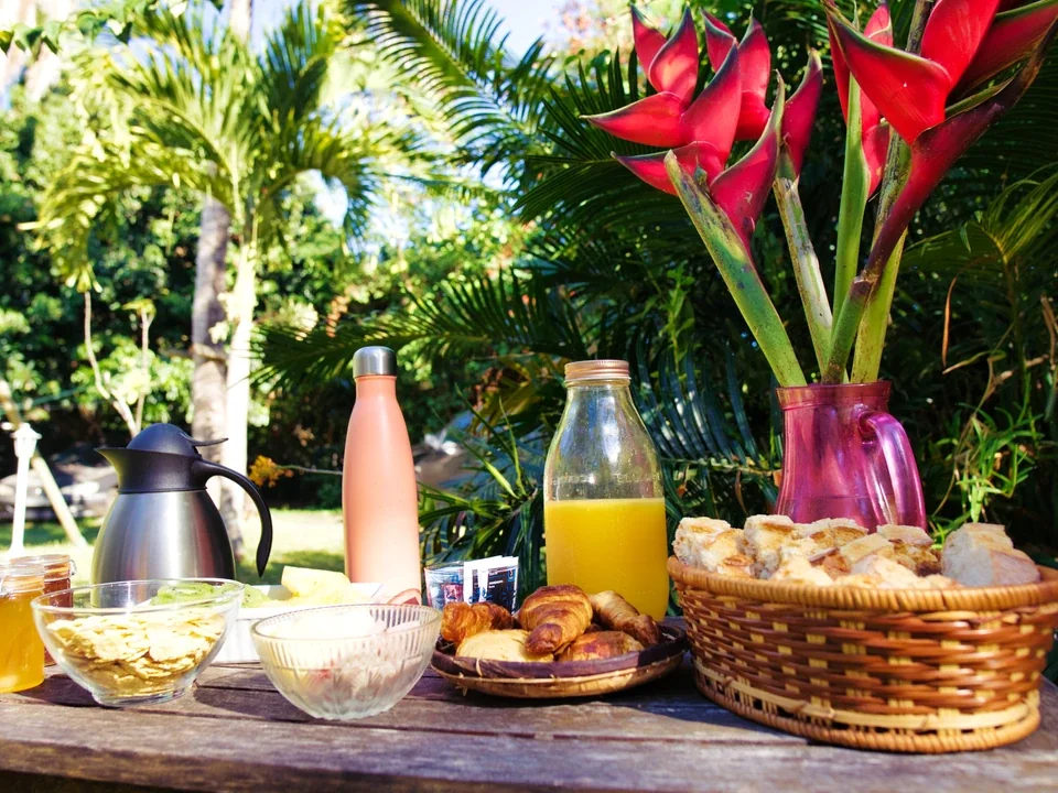 Petit-déjeuner proposé pendant le séjour : pain, viennoiseries, fruits et boissons